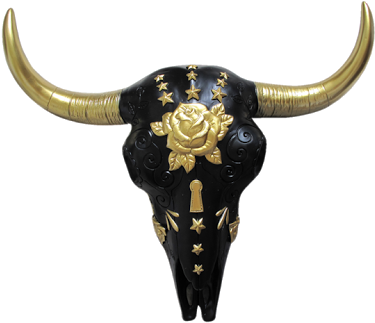Boho Mexican Gold Black Hand Painted Buffalo / Cow - Cow Skull Painted (417x352), Png Download
