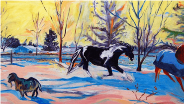 Horses On A Winter Evening - Horse (369x400), Png Download