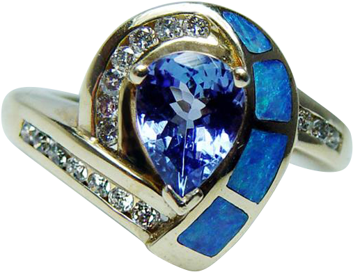Vintage Tanzanite Opal Inlay Diamond Ring 14k Gold (506x506), Png Download
