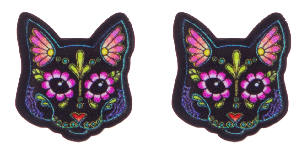 Pretty In Ink Day Of The Dead Cat Earrings Black - Day Of The Dead Cats (1000x565), Png Download