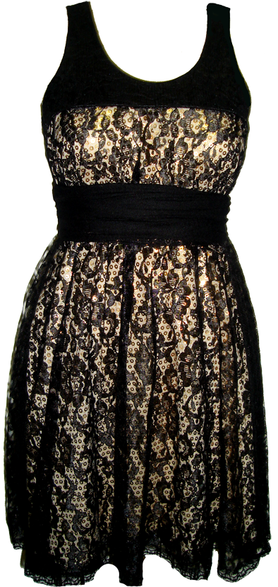 Vestido De Renda Preta Com Forro Dourado (400x837), Png Download
