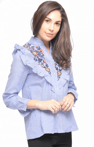 Blue Vertical Striped Flower Embroidered Ruffle Shirt - Embroidered Ruffle Shirt (300x471), Png Download