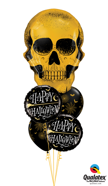 Happy Halloween Golden Broomstick Bouquet - Gold Skull Balloon (350x600), Png Download