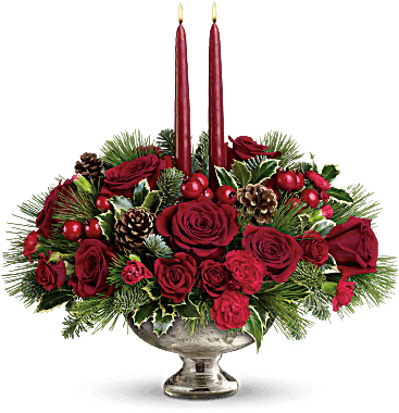 Christmas Greens, Red Berries, Holly, Red Roses And - Teleflora Mercury Glass Bowl Bouquet (368x460), Png Download