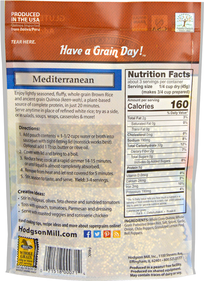 Quinoa & Brown Rice - Hodgson Mill Quinoa And Brown Rice Nutrition (1000x1000), Png Download