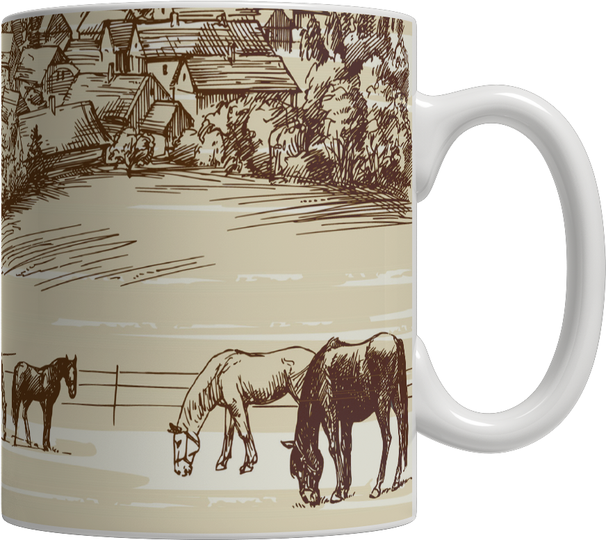 Horses At Pasture Vintage Drawing Coffee Mug - Illustration (1024x1024), Png Download
