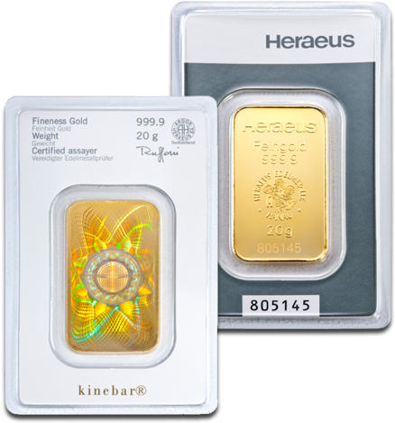 20g Gold Bullion - Kinebar 20 Gram Heraeus (500x500), Png Download