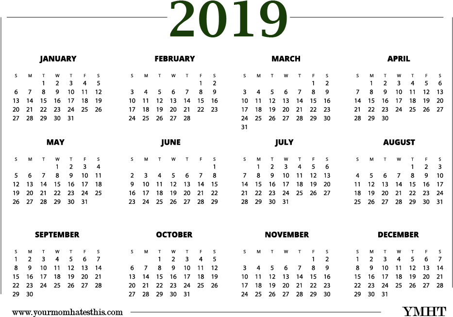 2019 Calendar Transparent Green Design - Printable 2019 One Page Calendar (932x670), Png Download