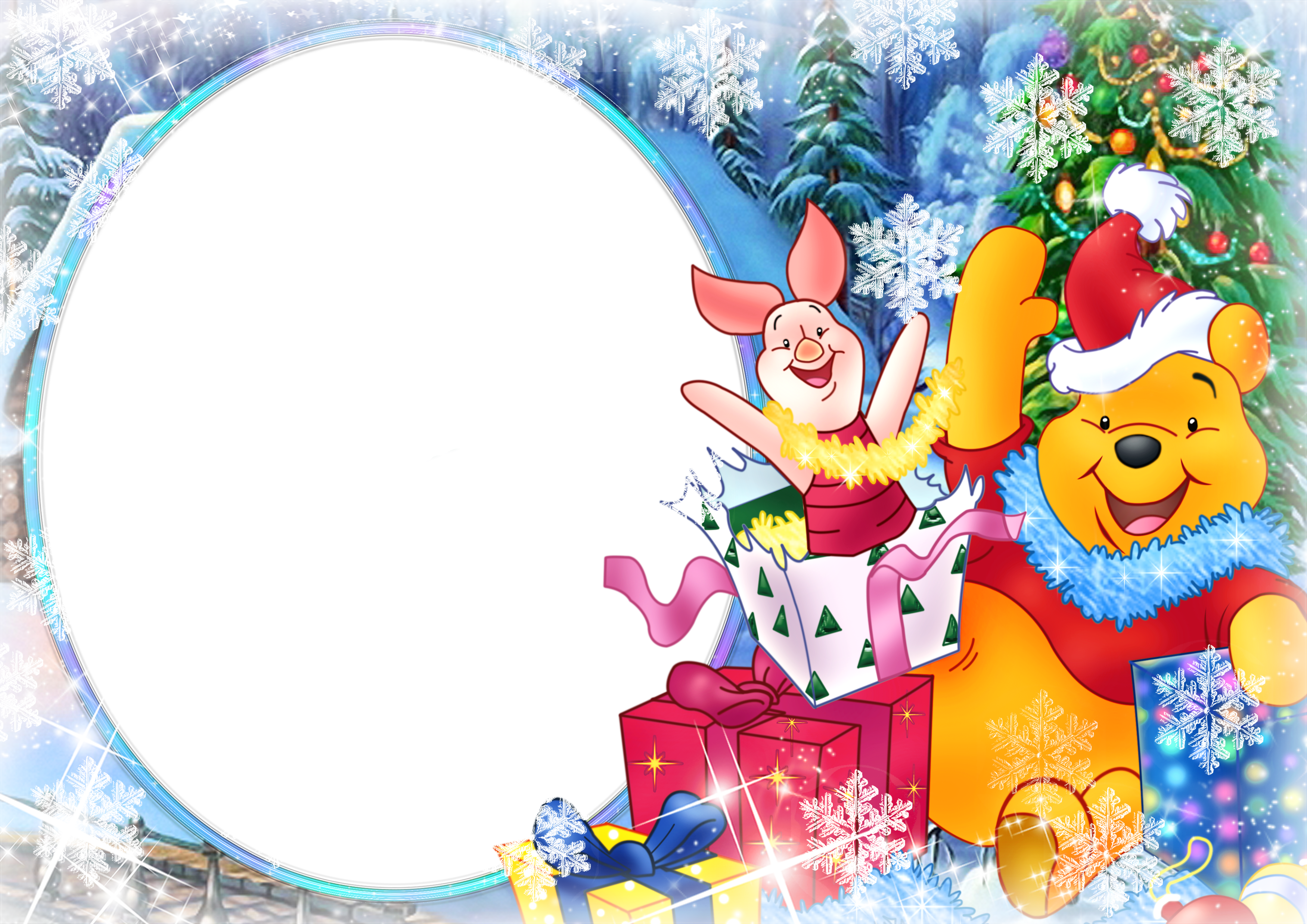 Large Christmas Kids Frame With Winnie The Pooh Gallery - Winnie The Pooh Christmas Background (3500x2474), Png Download