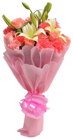 Bunch Of White Asiatic Lilies & Pink Roses/carnations - Pink Carnations With Lilies (450x450), Png Download