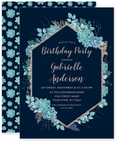 Blue & Aqua Watercolor Succulents Rose Gold Foil Frame - Wedding Invitation (429x556), Png Download