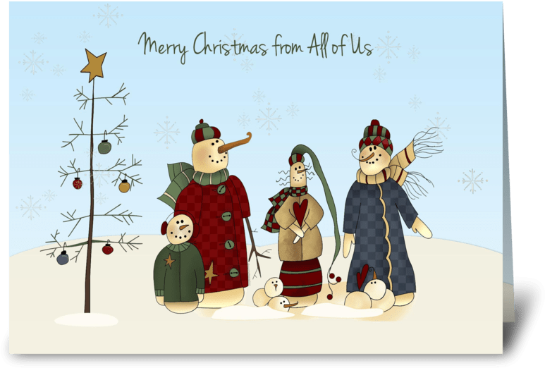 Snowmen Group, Winter Scene Greeting Card - Christmas Card (848x698), Png Download