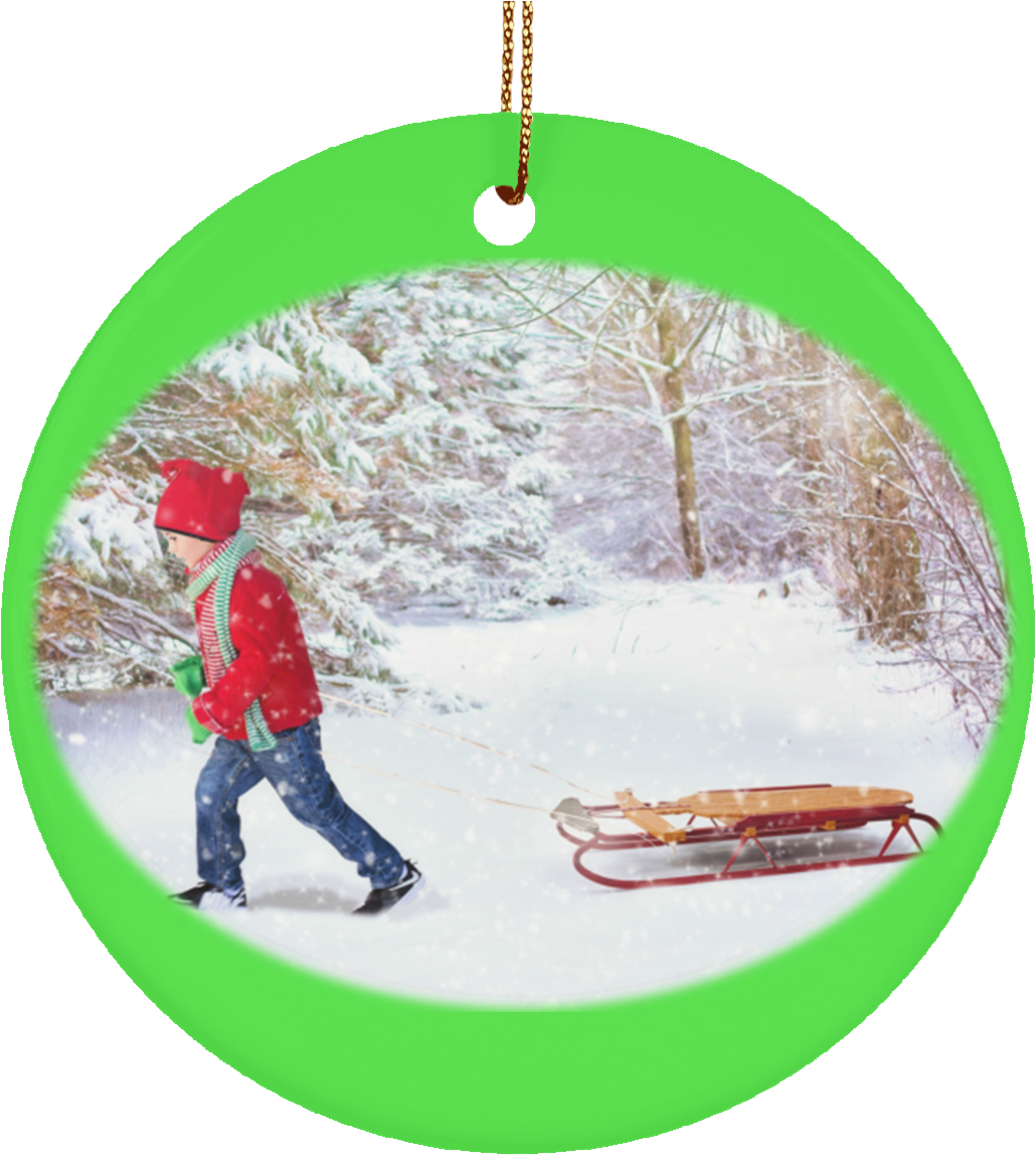 Winter Scene Child And Sleigh Ceramic Christmas Ornament - Sled Snow Background (1155x1155), Png Download