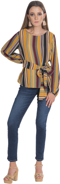 Blusa M/l Rayas Liston Cintura Negro - Blouse (400x600), Png Download