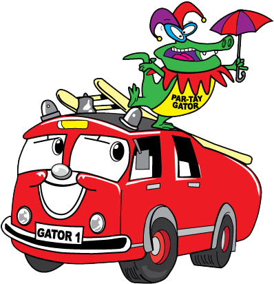 Par-tay Gator Standing On Gator 1 Fire Truck Cartoon - Mardi Gras Alligator Embroidery Design (413x433), Png Download