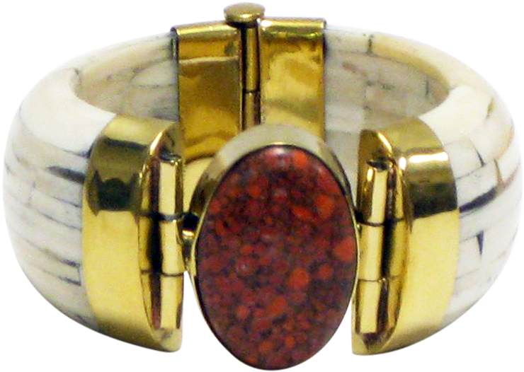 - Ivory Water Buffalo Bone Cuff Wide W/coral & Gold - Ruby (800x800), Png Download