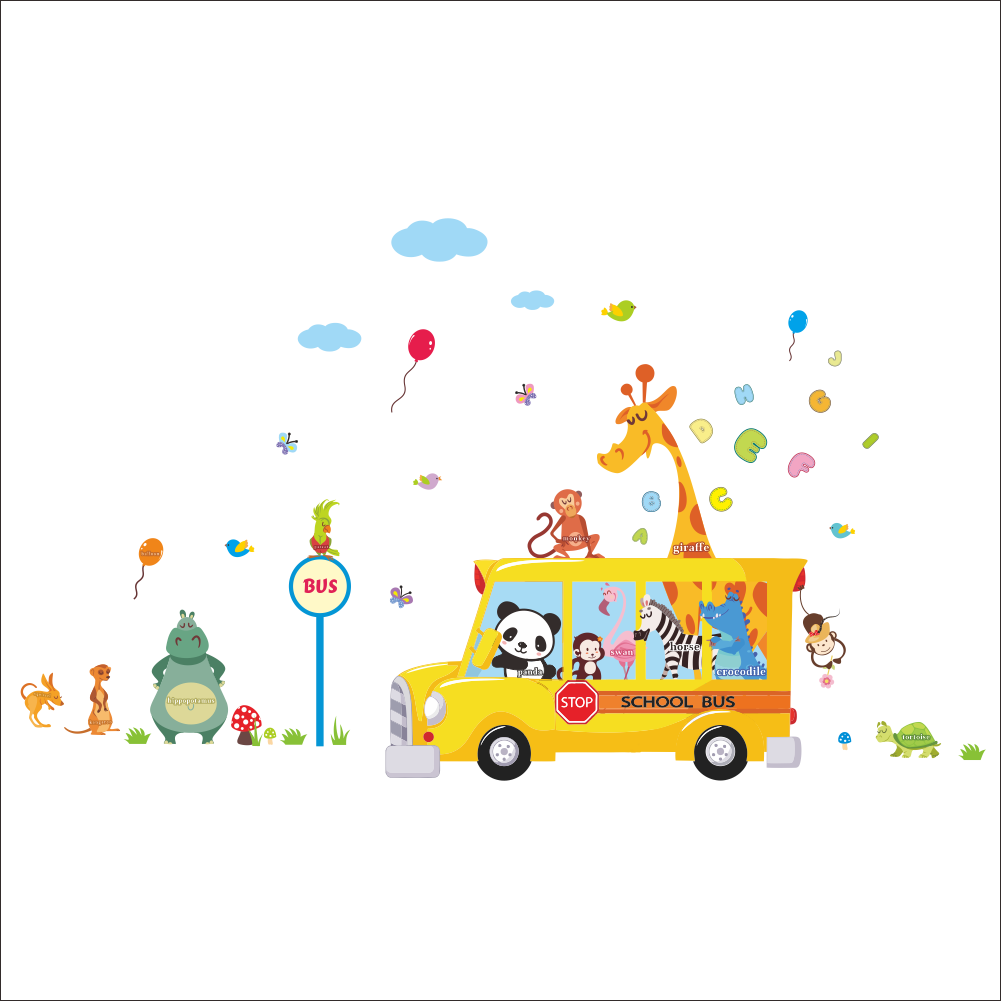 Sticker Bus Et Animaux Rigolos 3 Ambiance Sticker J - School Kids (1001x1001), Png Download