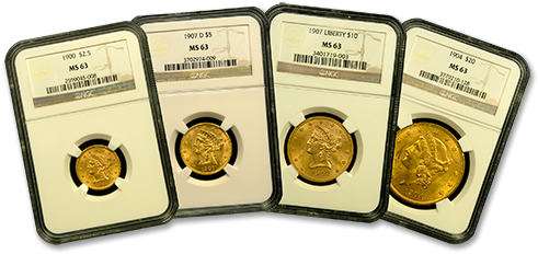 Four Coin Liberty Head Gold Coin Set Ngc/pcgs Mint - Liberty Set Gold Coins (500x244), Png Download