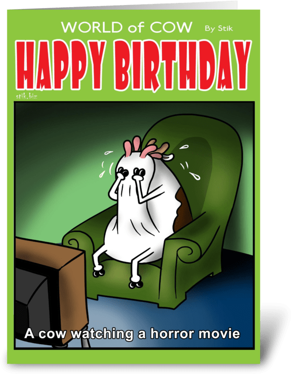 A Cow Watching A Horror Movie Bd Card Greeting Card - Greeting Card (700x792), Png Download