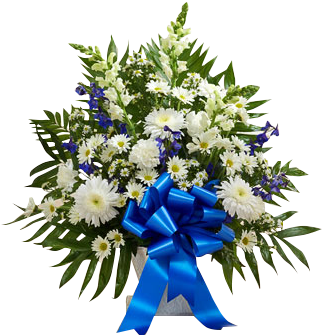 Traditional Sympathy Basket In Blue And White - Tribute Blue & White Floor Basket Arrangement - (345x378), Png Download