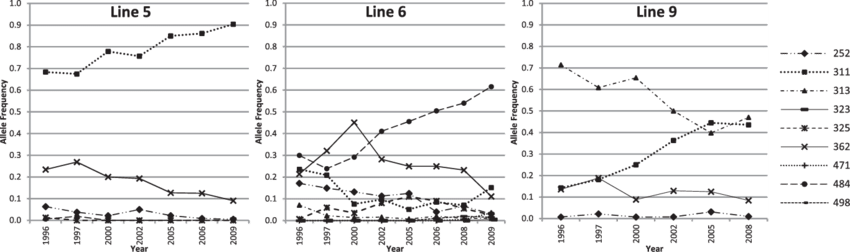Lei0258 Allele Frequencies Over Time In Males Of Three - Plot (850x252), Png Download
