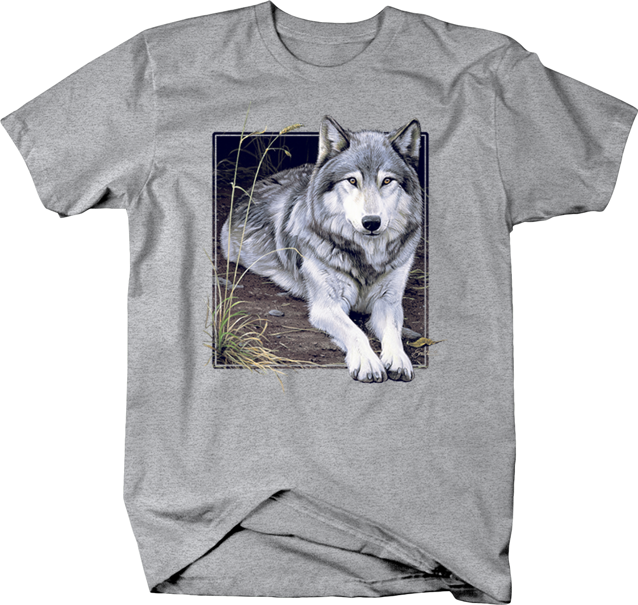 Grey Wolf Sitting On Wilderness Ground Staring Custom - Soos Tshirt - The Smell Of Diesel In Morning Stacks (1295x1229), Png Download