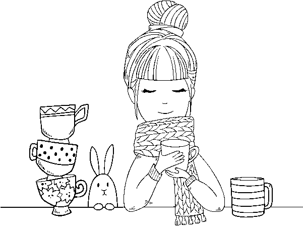 Dibujo De Chica Con Bufanda Y Taza De Té Para Colorear - Drawing (600x470), Png Download