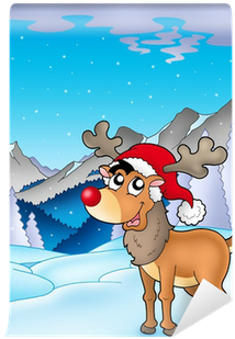 Christmas Theme With Cute Reindeer Wall Mural • Pixers® - Cartoon Christmas Reindeer (400x400), Png Download