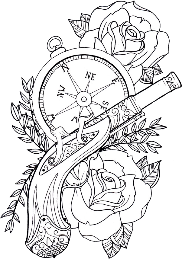 Roses And Pistol Pistol Drawing, Pistol Tattoos, Farmer - Coloring Pages Clock For Adult (633x900), Png Download