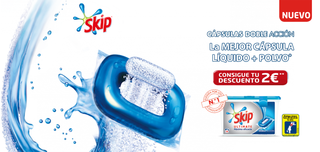Descuentos De 2€ Cápsulas Doble Acción Skip - Detergente Cápsulas Ultimate Doble Acción Máxima Eficacia (1024x488), Png Download