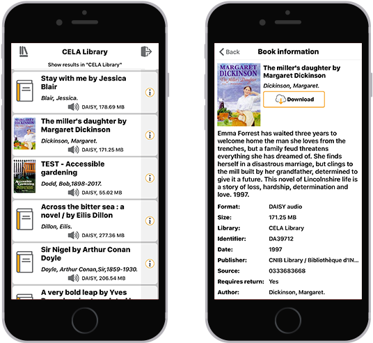 2 Iphones Showing A Sample List Of Books In The Cela - Book (850x500), Png Download