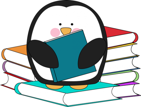 Image Of Penguin With A Pile Of Books - Penguin Reading A Book (480x366), Png Download
