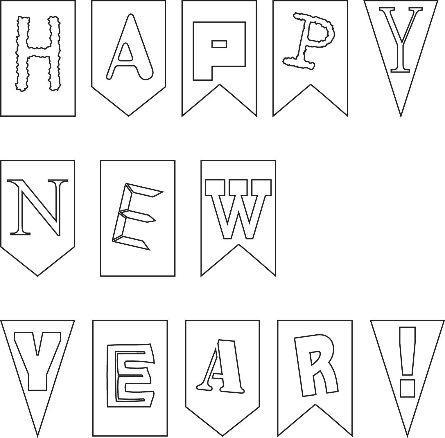 Outline Of Happy New Year Card Banner For Kids - Happy New Year 2017 Banner Coloring Pages (1532x1509), Png Download