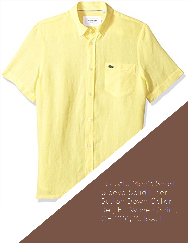 Lacoste Men's Short Sleeve Solid Linen Button Down - Shirt (735x1100), Png Download