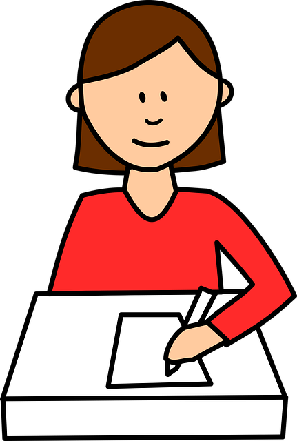 Cartoony Girl At Her Desk, Writing On A Piece Of Paper - Raise Hand Clipart Black And White (431x640), Png Download