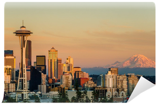 Sunset Over Seattle And Mount Rainier Wall Mural • - Poster: Washington- Seattle Skyline, 12x24in. (400x400), Png Download
