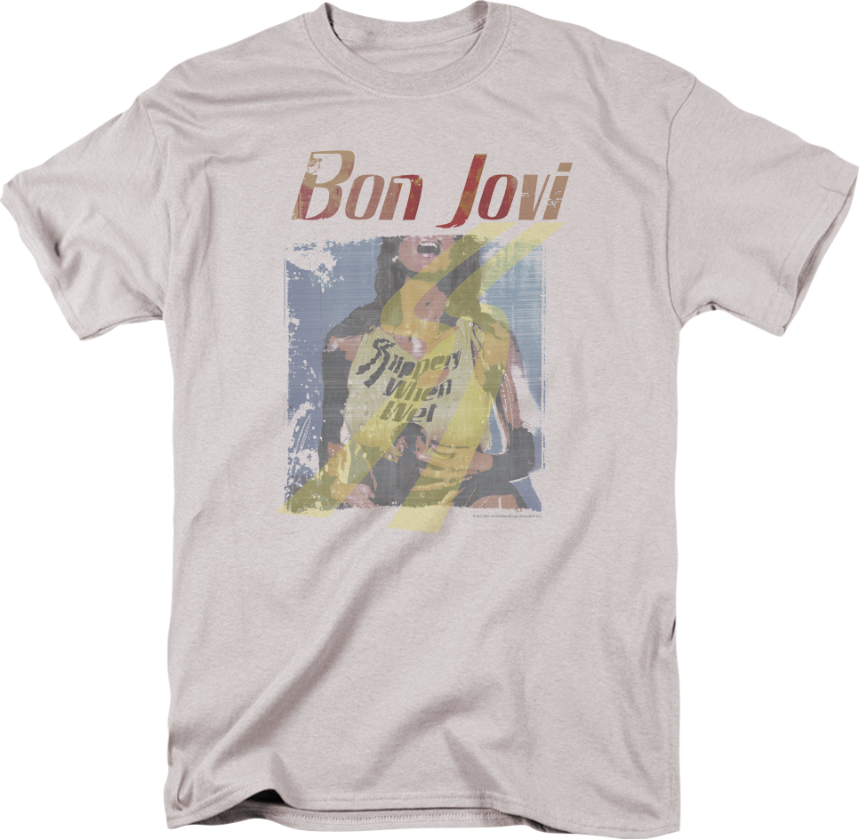 Distressed Slippery When Wet Bon Jovi T-shirt - Justified T Shirts (966x944), Png Download