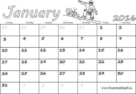 Month January 2016 For Printing Coloring Free Printable - Slovensky Kalendar Oktober 2018 (434x300), Png Download