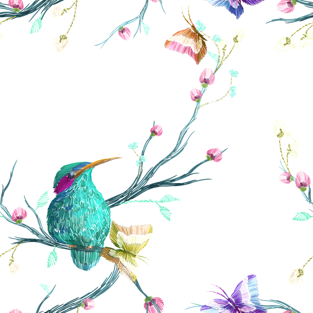 Colorful Flowers And Birds Vector - Painted Birds And Flowers On White Background (1024x1024), Png Download