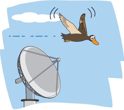 A Cartoon Of A Bird Flying Over A Radar Dish - Radar Meteorologico Dibujo (529x467), Png Download