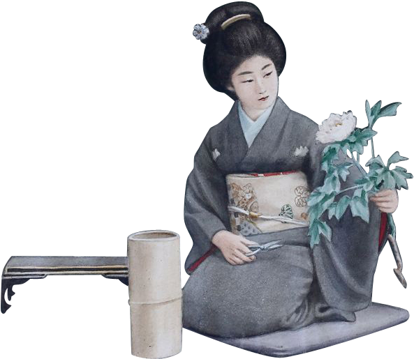 Vintage Japan Signed Watercolor - Geisha Sitting Png (592x592), Png Download