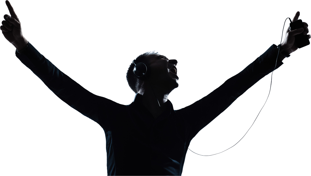 Hands Up Headphones - Person Listening To Music Silhouette (1050x595), Png Download