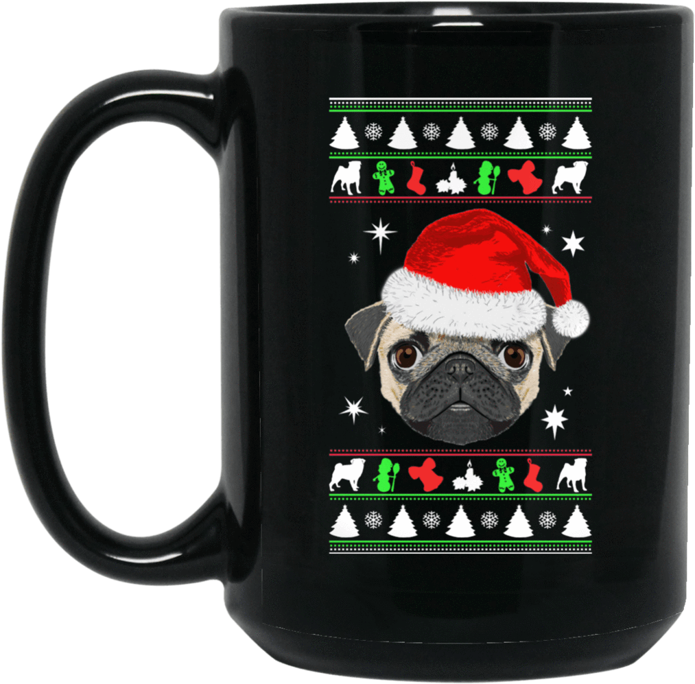 Pug Face Christmas Coffee Mug - Pug Dog Merry Christmas And Happy New Year T Shirt (1024x1024), Png Download