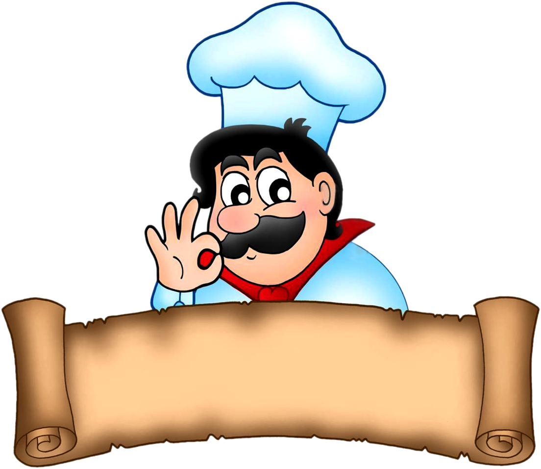 Chef With Paper Banner - Cartoon Chef (1104x956), Png Download
