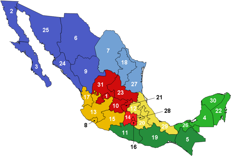 800px-mexico Map Of Regionsfr - 8 Zonas Economicas De Mexico (800x553), Png Download