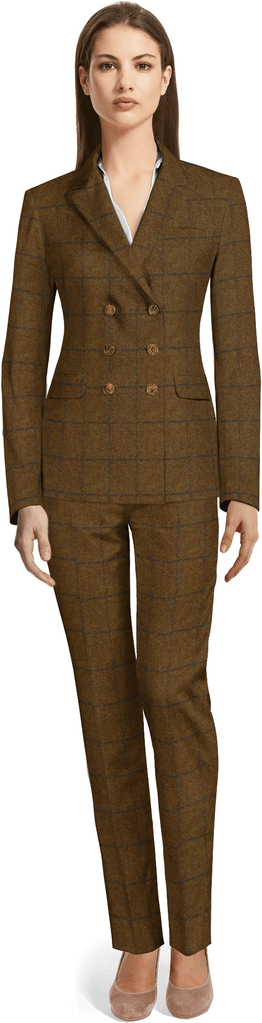 Brown Double Breasted Checked Tweed Pant Suit - Red Velvet Suit Women's (655x2100), Png Download