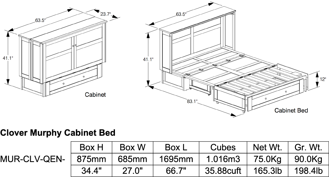 Product Dimensions - Full Size Murphy Bed Dimension (1102x594), Png Download