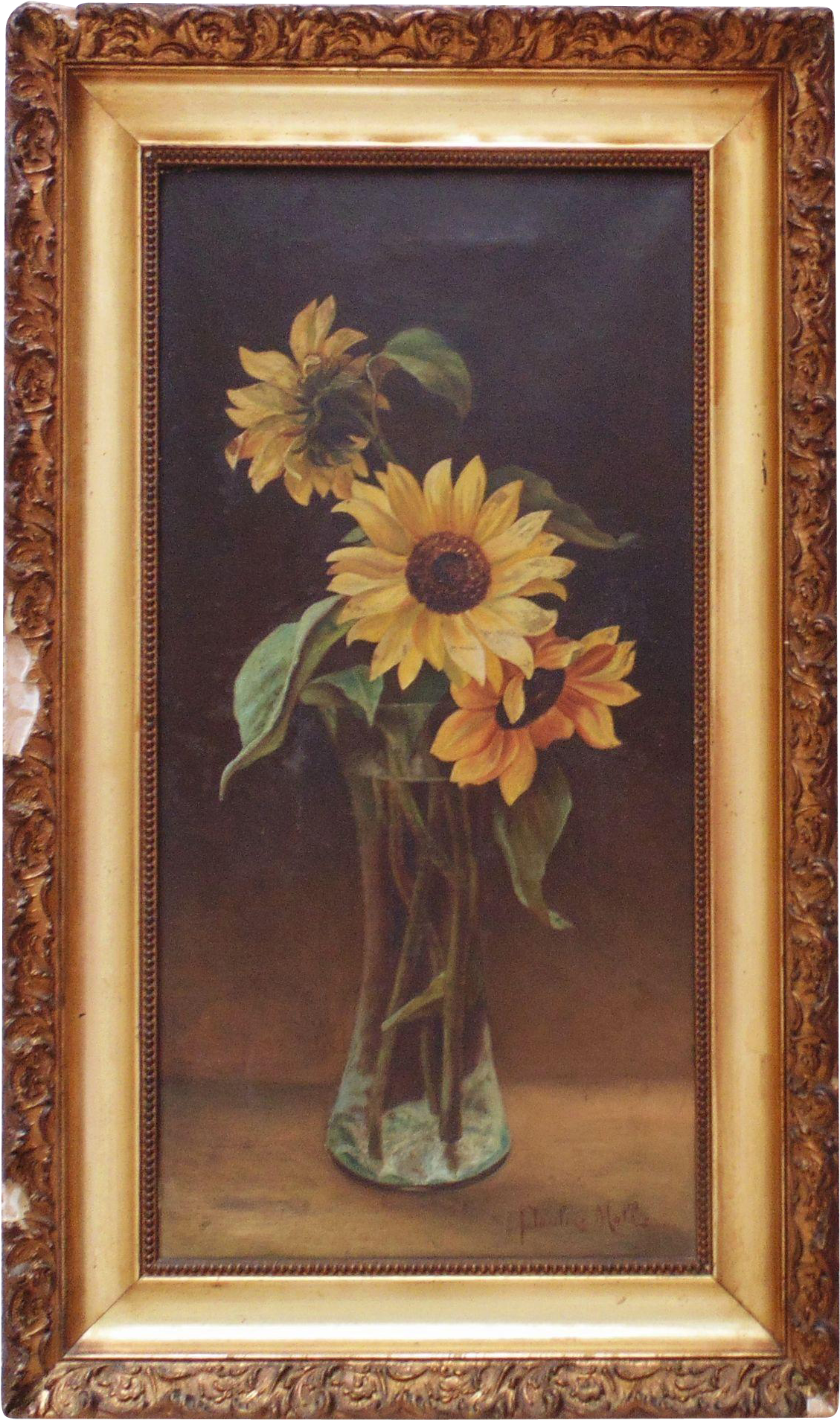 Antique 19c Sunflowers Oil Painting Flowers Floral (1907x1907), Png Download