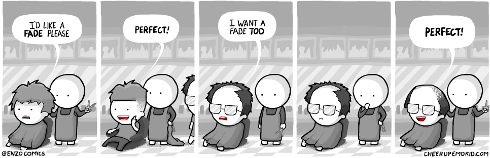 The Original Punchline Was That The Barber Would Build - Domics New Haircut (980x335), Png Download