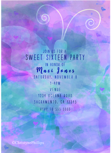 Pastel Watercolor Butterfly Birthday Party Invitations - Heart (500x500), Png Download